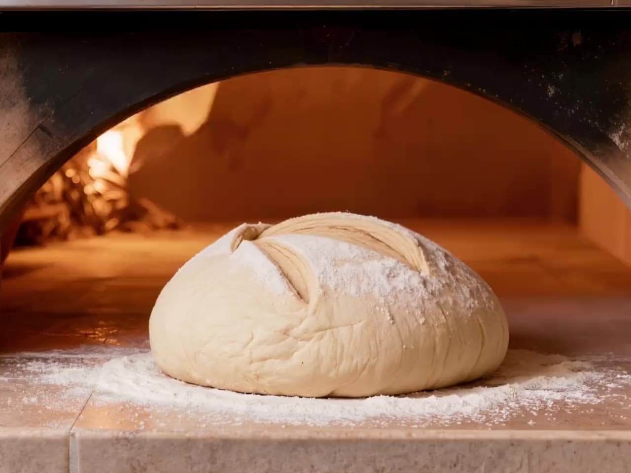 Pâte à pain scarifiée, posée sur la sole du four
