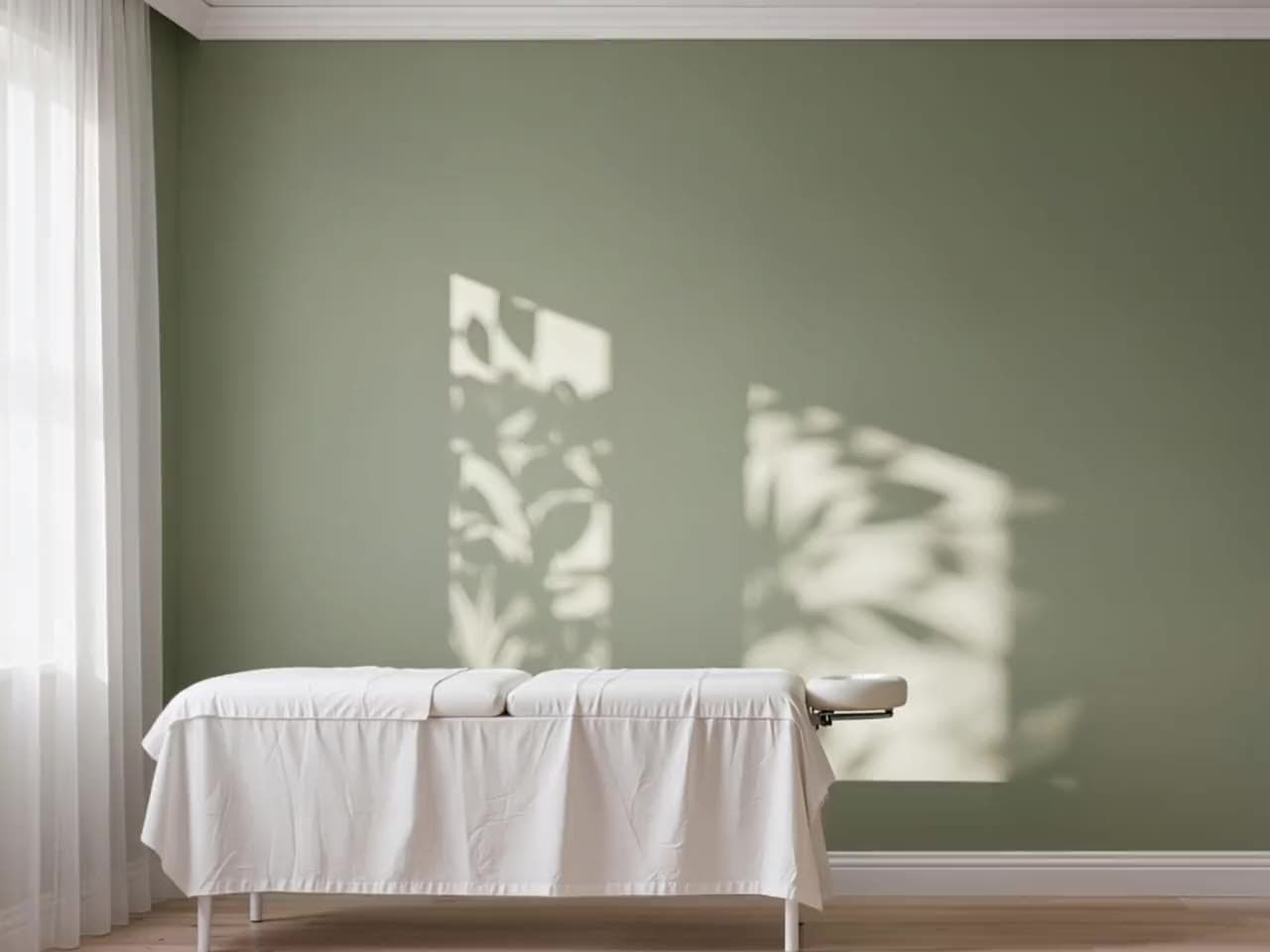 La salle de soin, table drapée de blanc, ombres de feuillage sur le mur