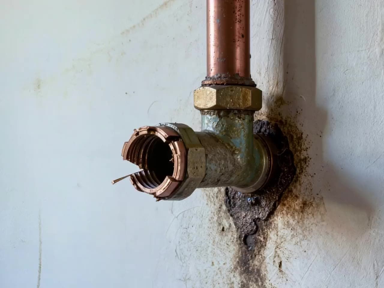Raccord de cuivre fendu sur un mur taché d'humidité